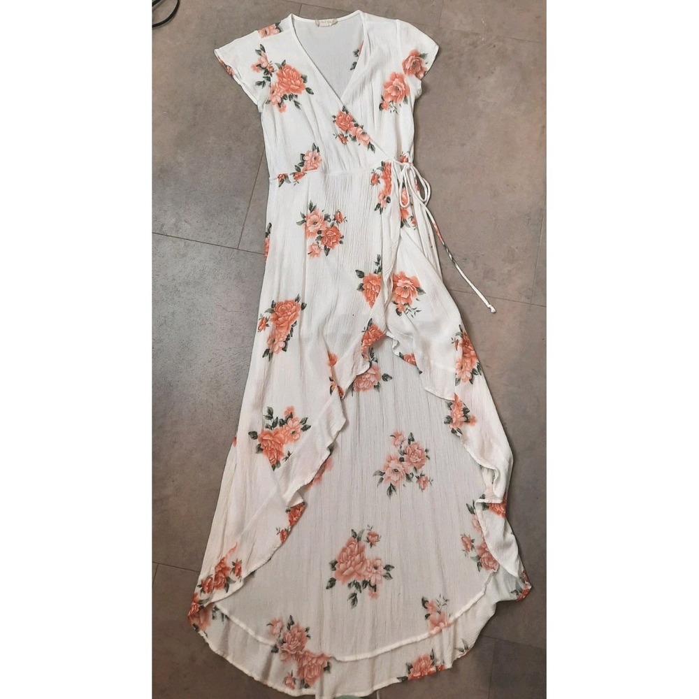 Altar'd State Cream Floral Wrap Midi Dress with Coral Blooms - Picture 2 of 11